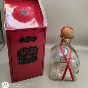 Patron Extra Anejo Tequila bottle cork top ribbon and orig box EMPTY of contents